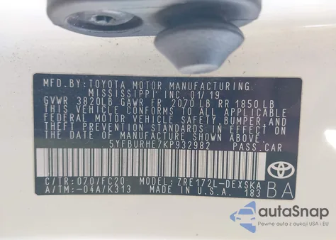 2019 Toyota Corolla Se from USA, damaged, VIN 5YFBURHE7KP932982